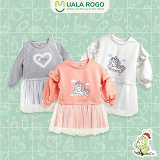 Váy thu đông bé gái Uala rogo cho bé 2-9 tuổi cotton nỉ dài tay ấm thoáng trắng hồng ghi 3837