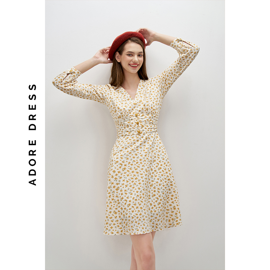 Đầm Mini dresses casual style vải xốp hoa nhí vàng 312DR1102 ADORE DRESS
