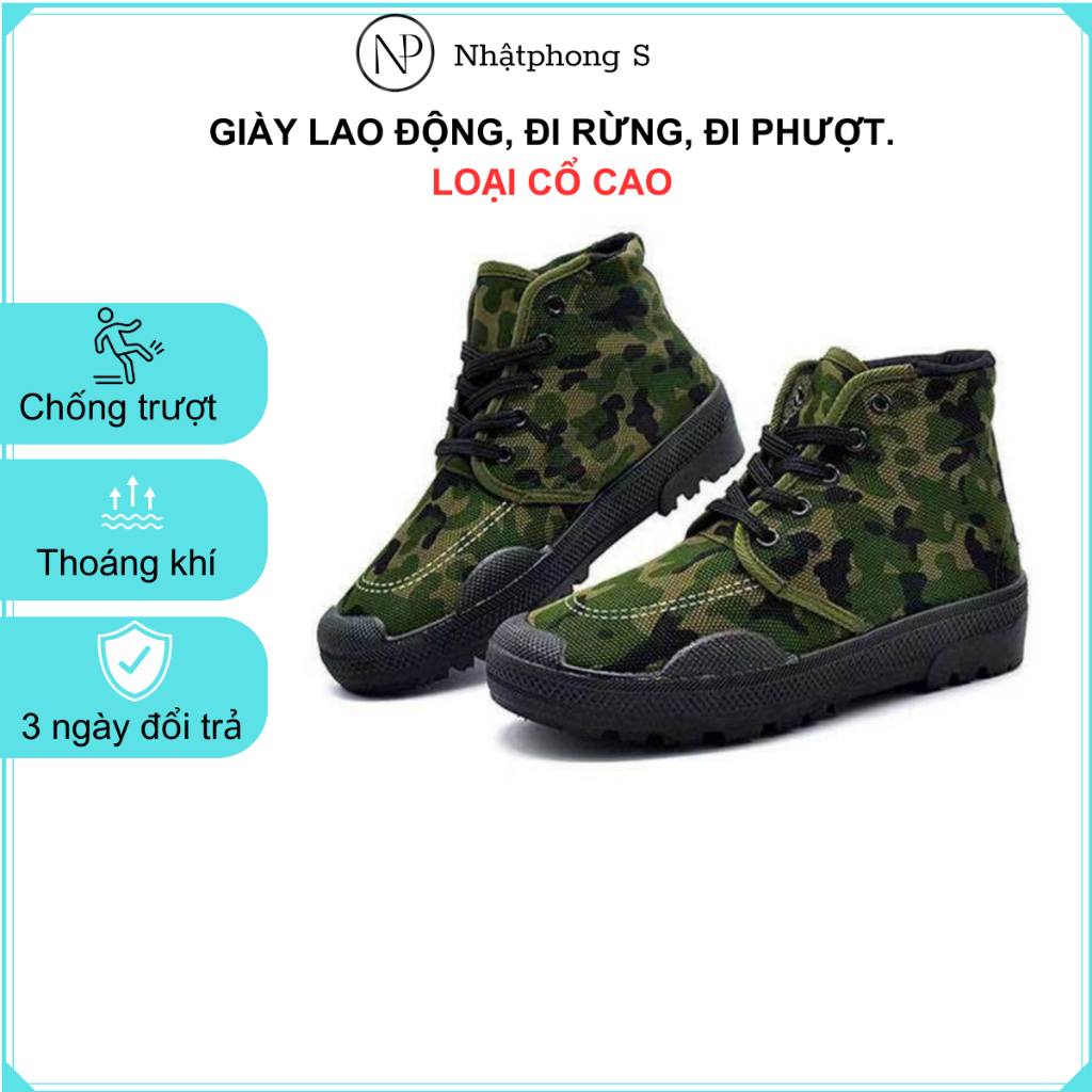 Giày bảo hộ lao động, phượt, đi rừng phong cách quân đội. Màu xanh rằn ri. Loại cổ cao. size 36-45