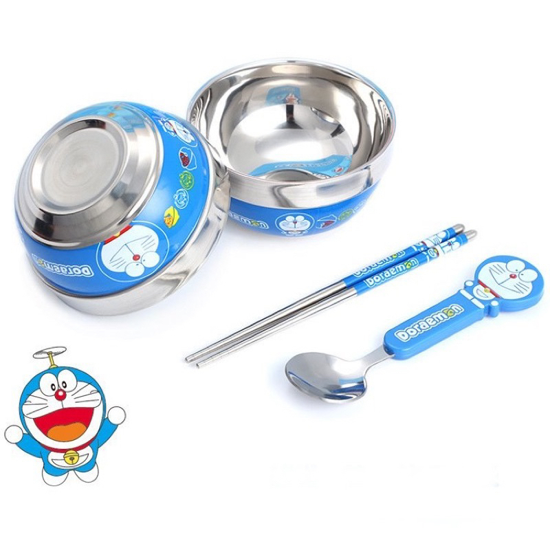MVP3360 Bộ quà tặng chén ăn Doremon, Hello Kitty, gấu Pooh inox chống nóng cho bé. Tặng kèm đũa muỗng dễ thương