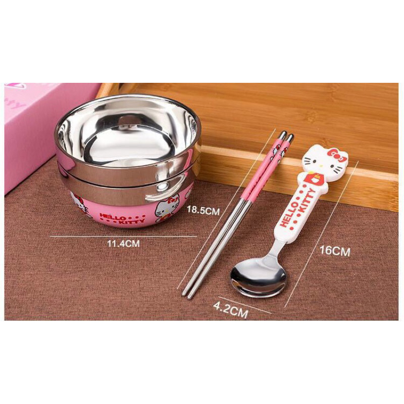 MVP3360 Bộ quà tặng chén ăn Doremon, Hello Kitty, gấu Pooh inox chống nóng cho bé. Tặng kèm đũa muỗng dễ thương