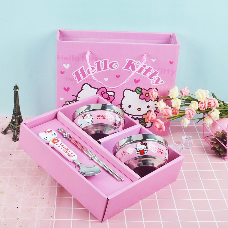 MVP3360 Bộ quà tặng chén ăn Doremon, Hello Kitty, gấu Pooh inox chống nóng cho bé. Tặng kèm đũa muỗng dễ thương