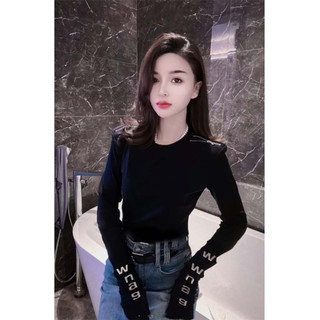 Áo thun dài tay có dây kéo chữ màu đen dành cho nữ mùa xuân thu