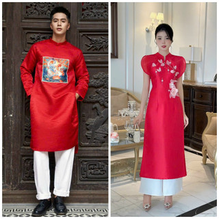 Áo dài đôi nam nữ ĐẠI HỶ áo dài đôi cách tân nam nữ, áo dài cách tân nam nữ, áo dài màu đỏ áo dài cặp áo dài cưới đỏ