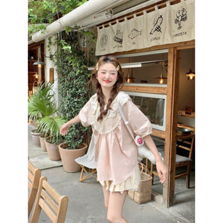 Áo sơ mi babydoll ulzzang tay ngắn phồng nữ cổ viền búp bê thêu hoa hồng nhạt pastel