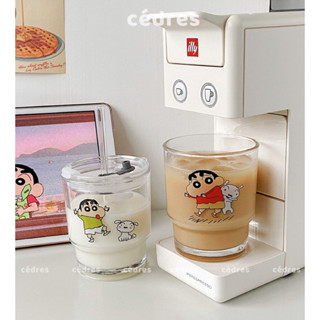 Cốc thuỷ tinh hai tầng trong suốt chịu nhiệt có nắp và ống hút hình cậu bé Shin đáng yêu ly cafe trà sữa 400ml Cedres