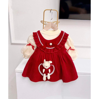 Sét váy yếm nhung đỏ gấu kèm áo tay bồng 11-15 Kg,Váy thu đông cho bé gái
