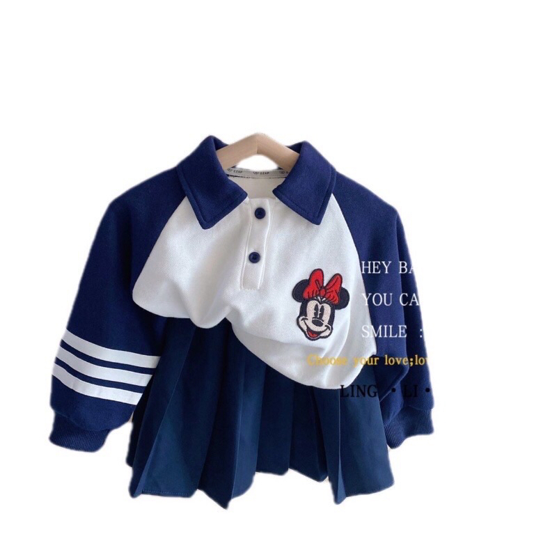 Set váy bé gái mùa thu,sét áo thun dài tay có cổ +chân váy xoè