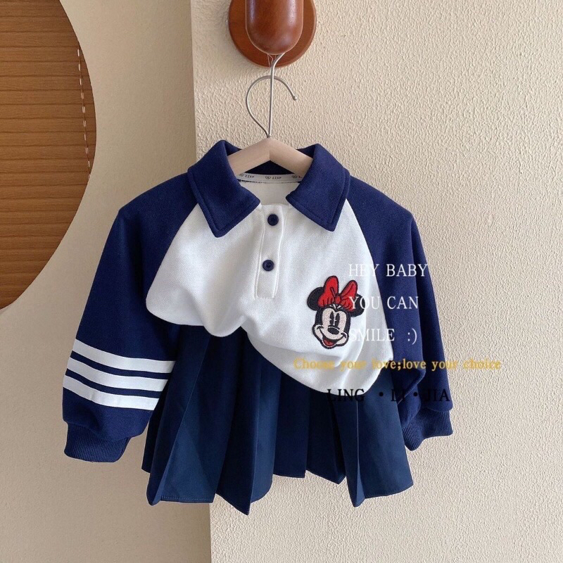 Set váy bé gái mùa thu,sét áo thun dài tay có cổ +chân váy xoè