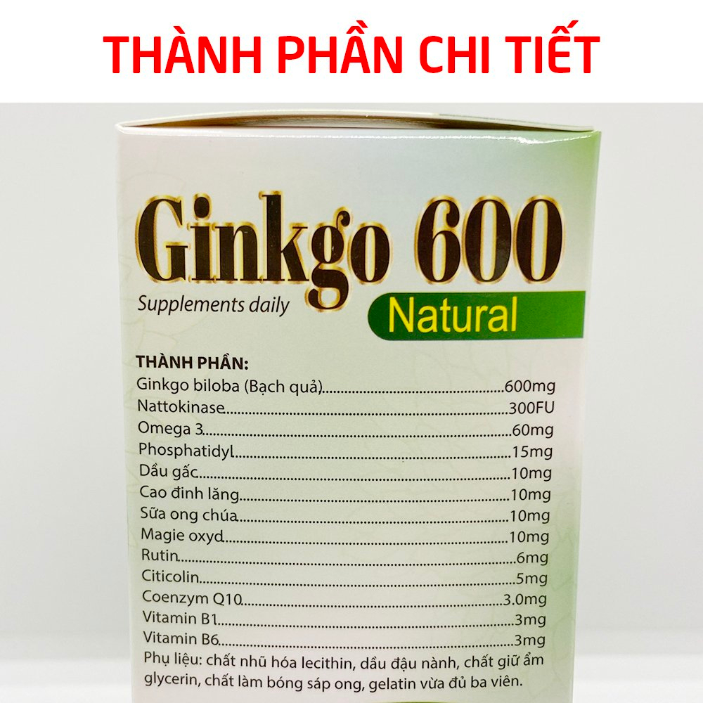 Viên uống bổ não GINKGO 600 Natural tăng cường tuần hoàn não, giảm đau đầu, chóng mặt - Hộp 100 viên