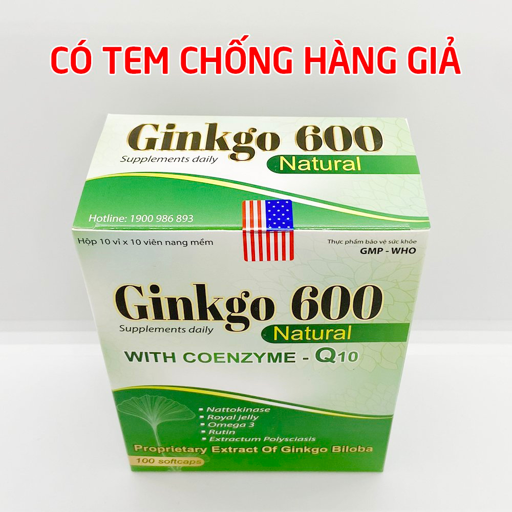 Viên uống bổ não GINKGO 600 Natural tăng cường tuần hoàn não, giảm đau đầu, chóng mặt - Hộp 100 viên