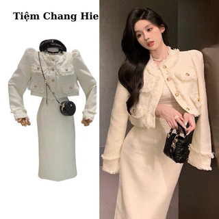 Set váy dạ dáng dài kèm áo khoác dạ tua rua hot trend thu đông TiệmChangHie