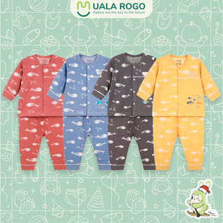 Bộ quần áo sơ sinh cho bé Uala rogo 0-9 tháng Cotton nỉ giữ ấm dài tay cúc giữa thấm hút 3932