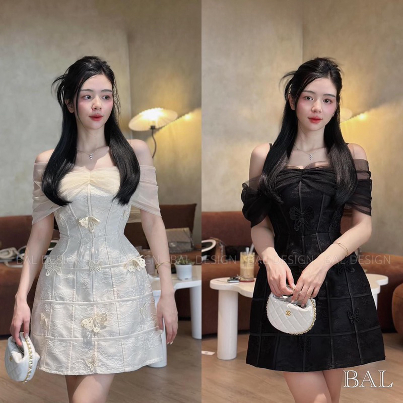 Váy Trễ Vai Nơ Đầm Dự Tiệc Dáng Dài Trắng Hồng Kèm Tag Đá Sang Chảnh