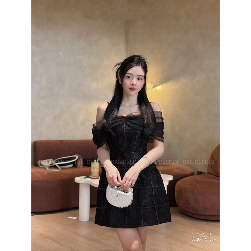 Váy Trễ Vai Nơ Đầm Dự Tiệc Dáng Dài Trắng Hồng Kèm Tag Đá Sang Chảnh