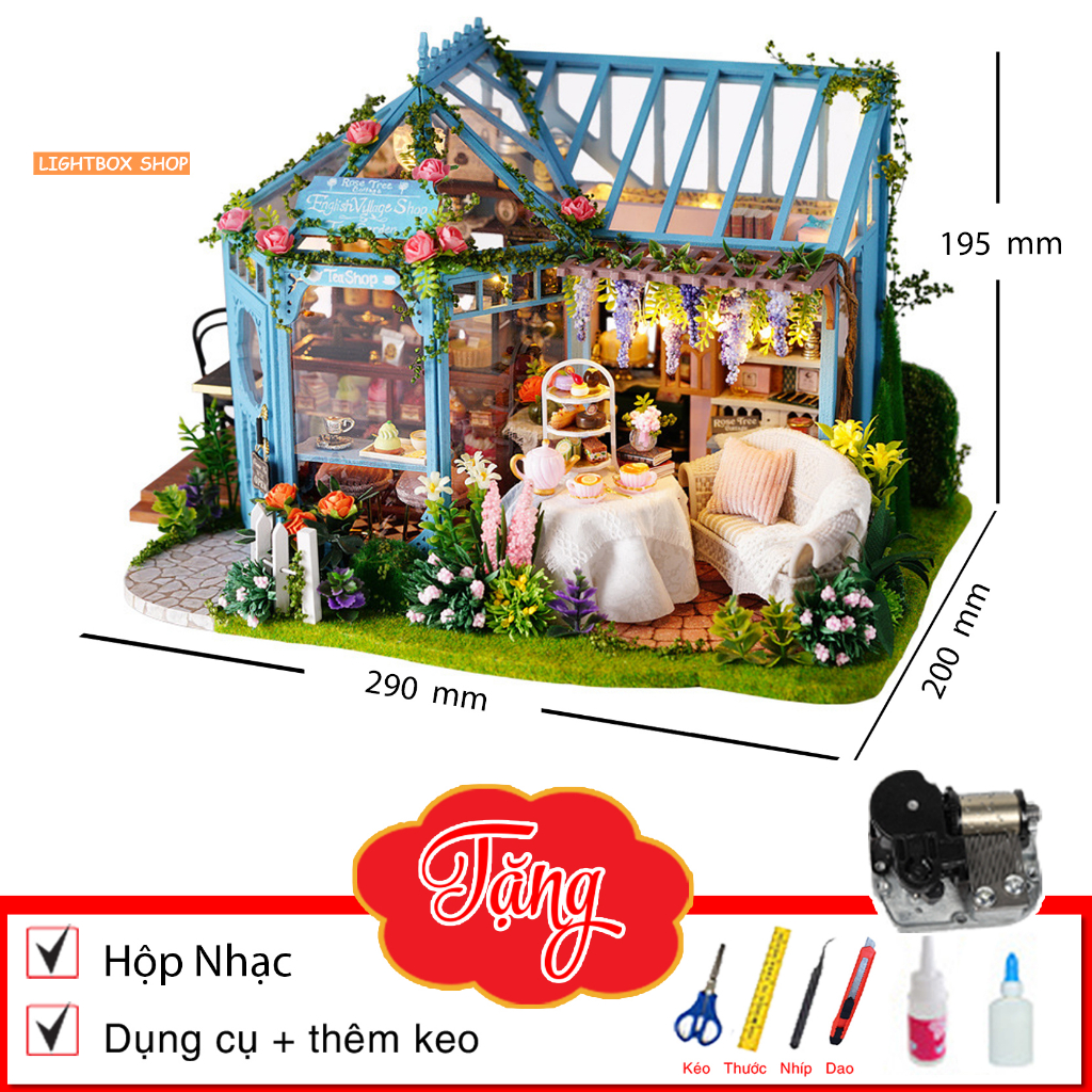 Nhà Búp Bê Bằng Gỗ Nhà Búp Bê Tự Làm bằng gỗ DIY. A068 Rose Garden Tea House. Tặng Dụng cụ, Keo Dán và Cót nhạc