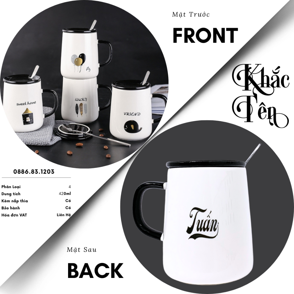 Cốc sứ 𝗟𝗨𝗖𝗞𝗬 𝗟𝗜𝗙𝗘 KᕼẮᑕ TÊᑎ 𝘁𝗵𝗲𝗼 𝘆𝗲̂𝘂 𝗰𝗮̂̀𝘂 in hình giản dị ý nghĩa 420ml, ly sứ uống nước 𝗟Y̲ᑕ𝗨P có nắp, quà tặng, decor