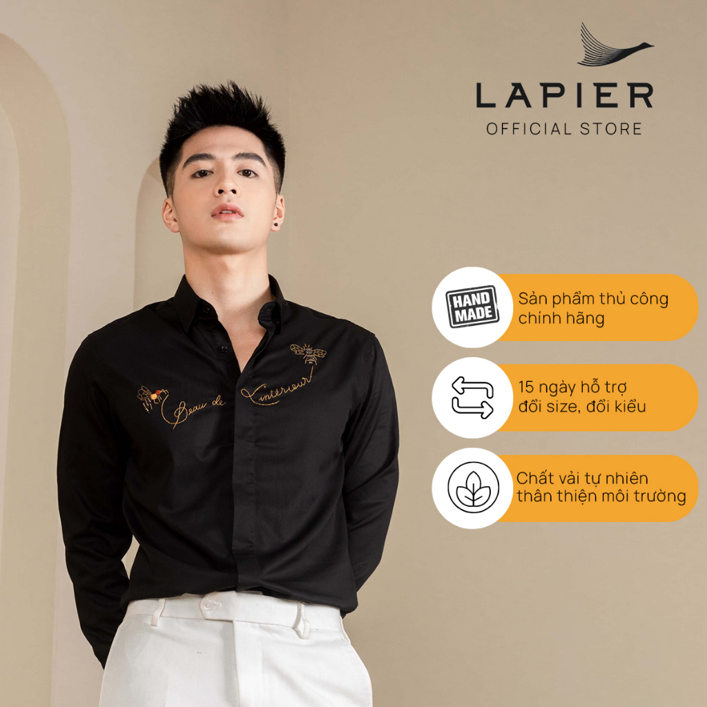 Áo sơ mi đen nam cao cấp LAPIER thêu đính thủ công Slogan dài tay SM013