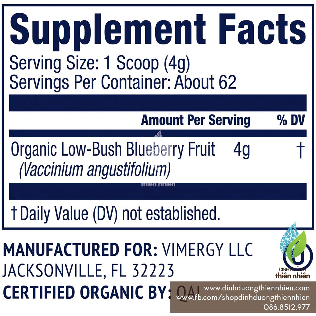 Bột Việt Quất Dại  Hữu Cơ Vimergy Organic Wild Blueberry Powder, 250g
