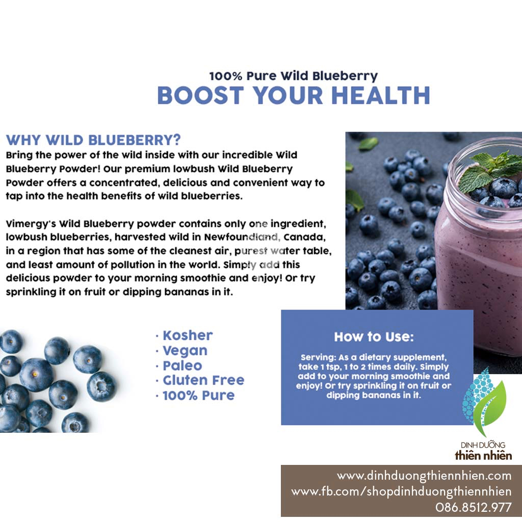 Bột Việt Quất Dại  Hữu Cơ Vimergy Organic Wild Blueberry Powder, 250g