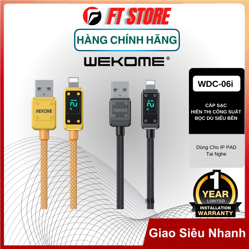 Cáp sạc WEKOME sạc nhanh WDC-06i 2.4A chuẩn USB A to L có màn hình hiển thị công suất bọc dù BH12TH