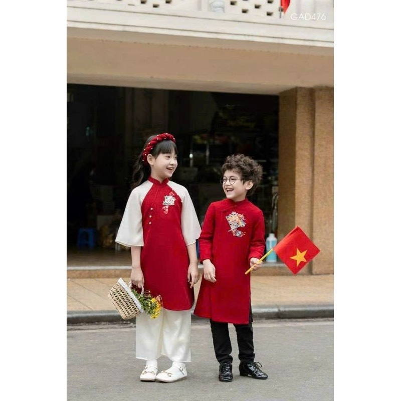 Áo dài gia đình cho bé trai và bố họa tiết thêu cao cấp, đẹp mềm mại họa tiết thêu