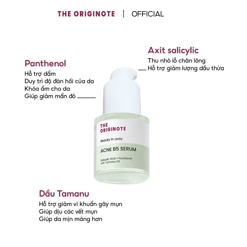 Giảm mụn dịu da với 2.5% Salicylic Acid Panthenol Tamanu Oil - Acne B5 Serum The Originote 20ml