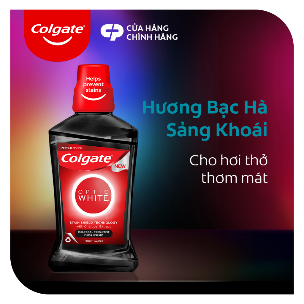 Bộ 4 Nước súc miệng Colgate trắng răng Optic White than hoạt tính bạc hà the mát 500ml/chai