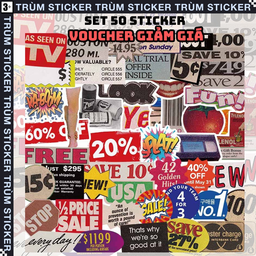 Set 50 Stickers, Hình Dán VOUCHER GIẢM GIÁ-hot hit,random- Trang Trí, Decor Laptop, Cặp Sách - TRÙM STICKERS 062