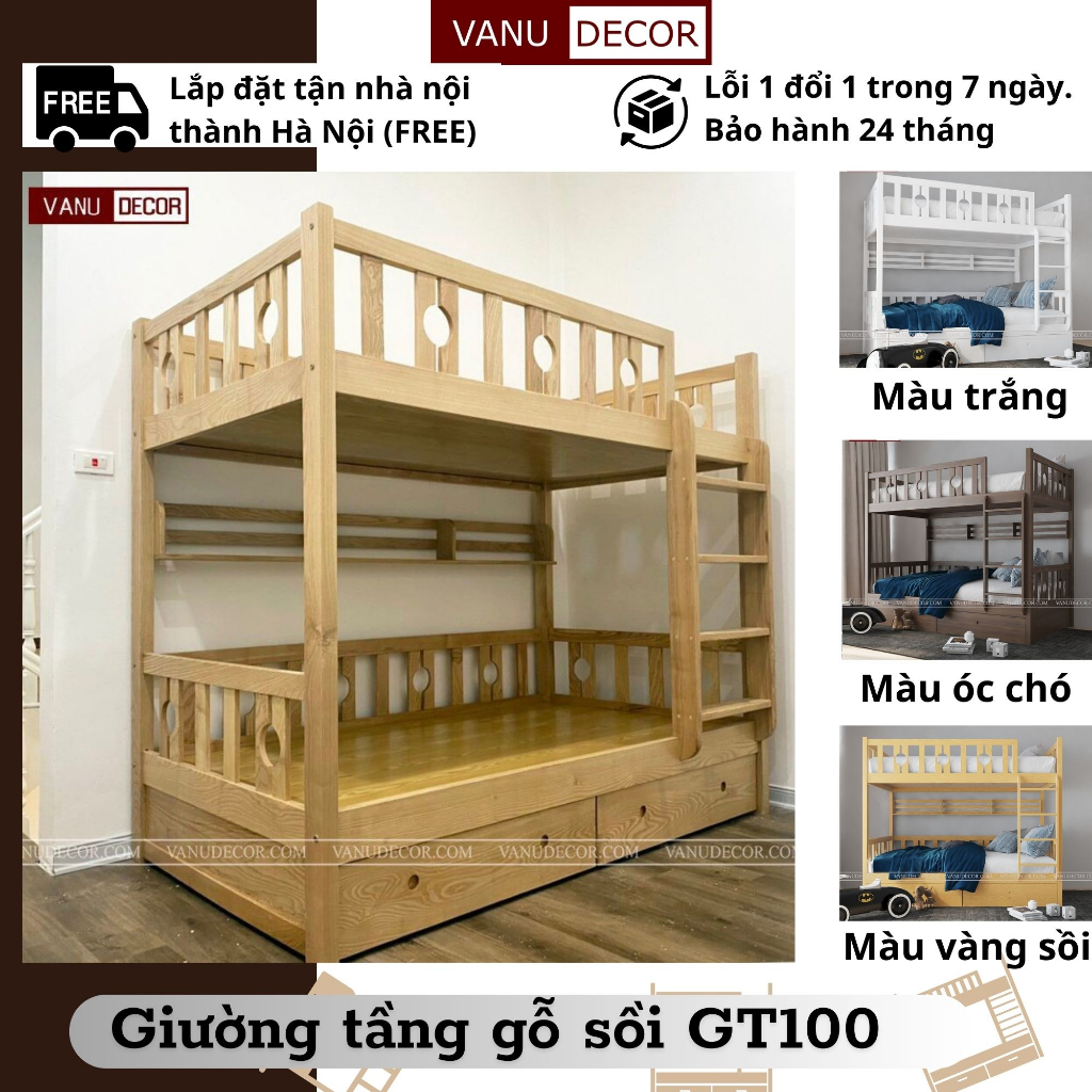 Giường tầng cho bé-Giường tầng người lớn VANU DECOR gỗ sồi chịu lực cao GT100, nhiều kích thước 1m 1m2 1m4 1m6