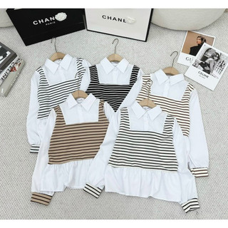 Áo len kẻ phối sơ mi tay bồng, Áo sơ mi babydoll dành cho nữ