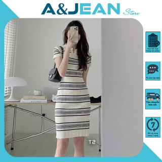 Đầm len sọc body tay ngắn dáng ôm quyến rũ dáng dài | AJEAN STORE