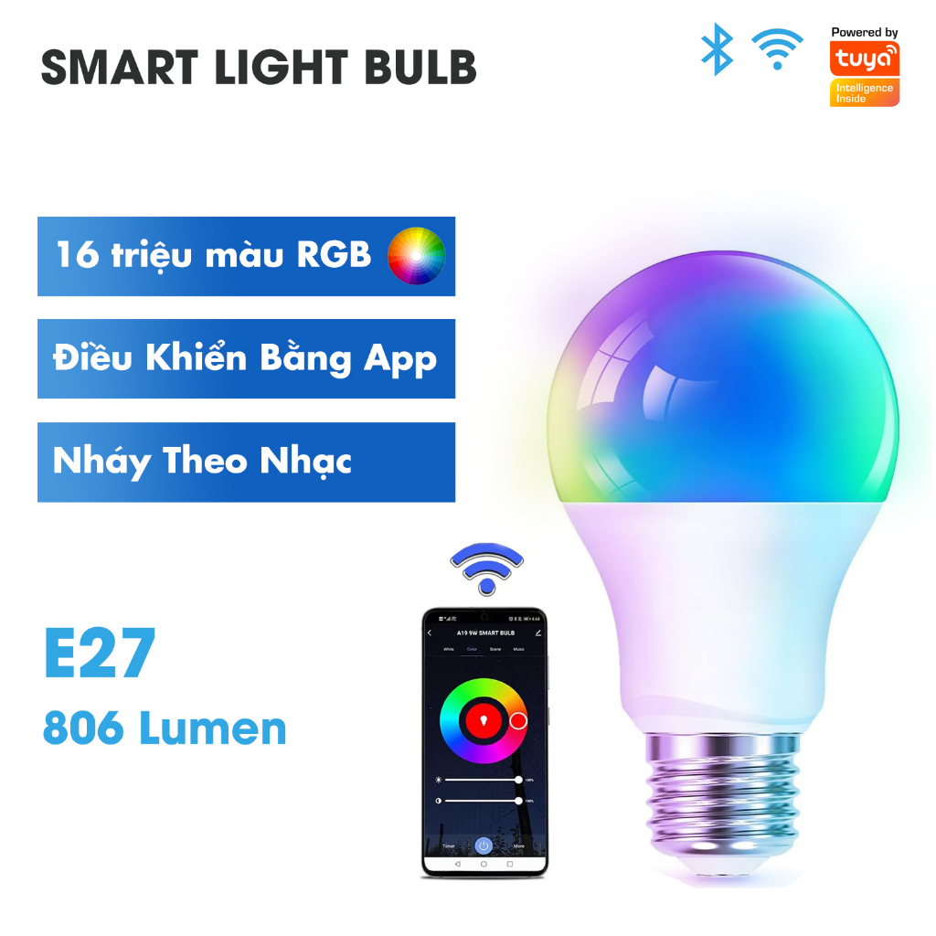 Bóng Đèn Thông Minh Điều Khiển Bằng Điện Thoại, 16 Triệu Màu RGB, Đui E27 - Điều Khiển Ánh Sáng, Hẹn Giờ Bật/Tắt Qua App