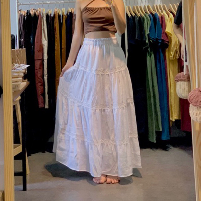 Chân Váy Vintage Maxi Dài Xoè Rộng Nhiều Tầng Phối Ren Lưng Thun