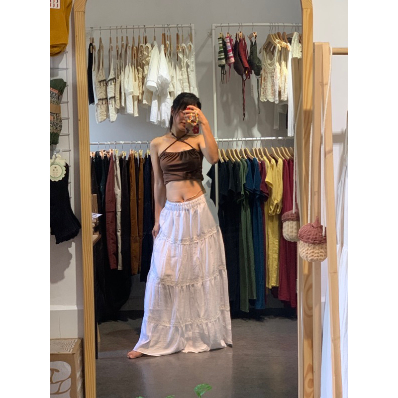 Chân Váy Vintage Maxi Dài Xoè Rộng Nhiều Tầng Phối Ren Lưng Thun