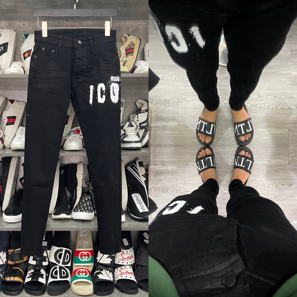 Quần jean bò nam Dsq2 đen trơn in chữ ICON trắng ngang đùi dáng slimfit đơn giản