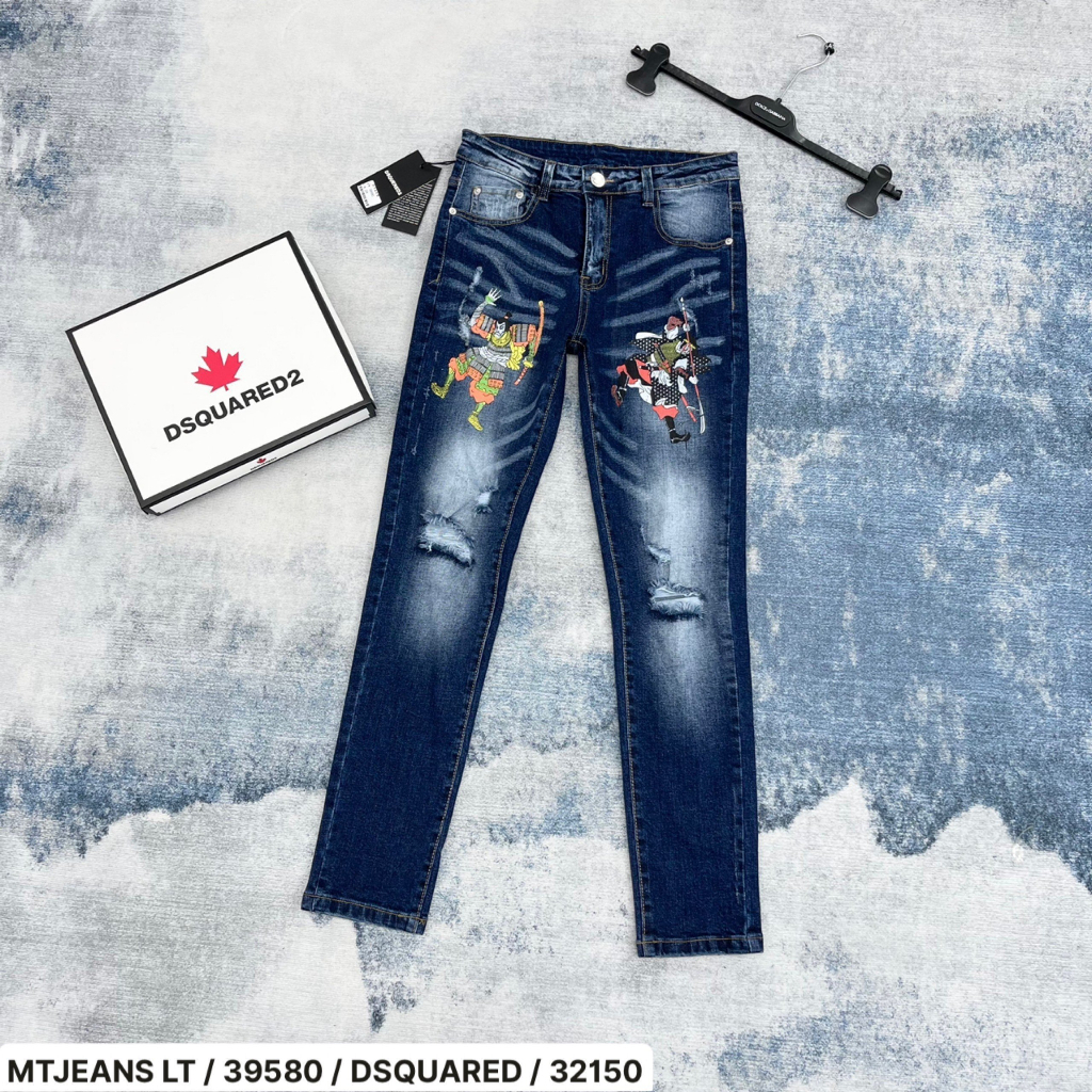 Quần Jeans Biker DSQ Phối Logo Lá Phong Đỏ Loang Màu Hàng Đẹp