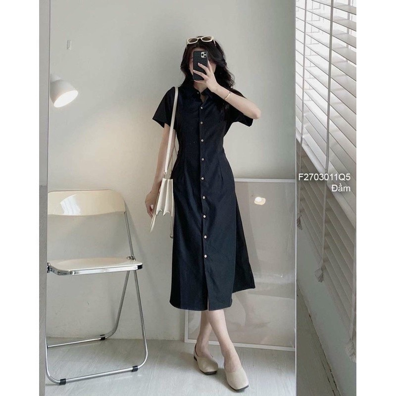 Váy Đầm Basic cổ sơ mi dáng xòe, chất liệu kaki lên dáng siêu đẹp