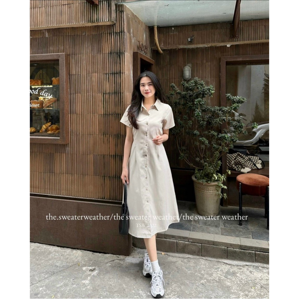 Váy Đầm Basic cổ sơ mi dáng xòe, chất liệu kaki lên dáng siêu đẹp