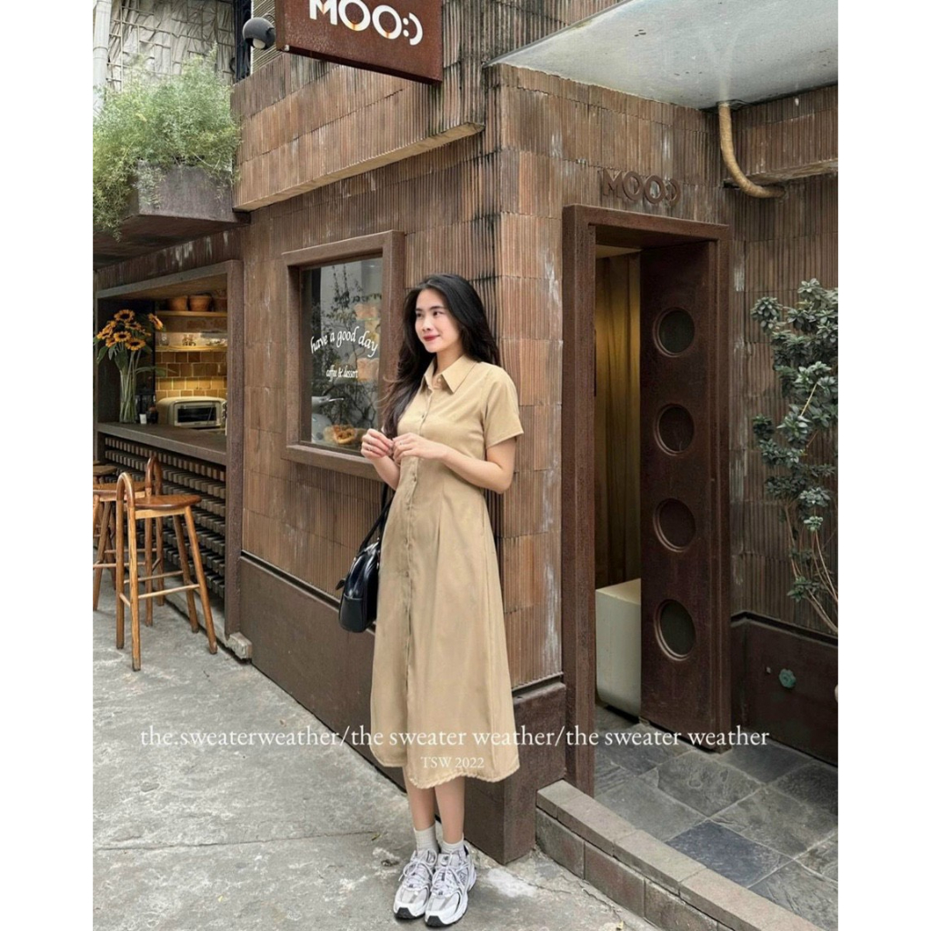 Váy Đầm Basic cổ sơ mi dáng xòe, chất liệu kaki lên dáng siêu đẹp