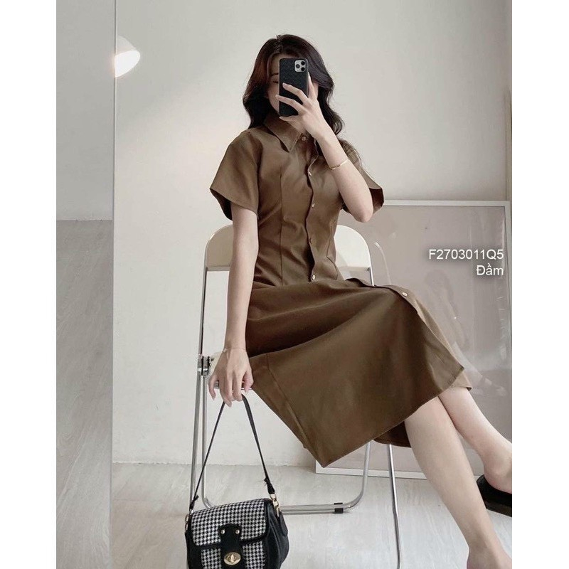 Váy Đầm Basic cổ sơ mi dáng xòe, chất liệu kaki lên dáng siêu đẹp