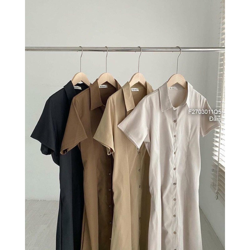 Váy Đầm Basic cổ sơ mi dáng xòe, chất liệu kaki lên dáng siêu đẹp