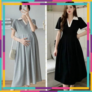Váy polo suông đen phối cổ màu be, đầm bầu cộc tay phom rộng mặc đi làm đi chơi đều được