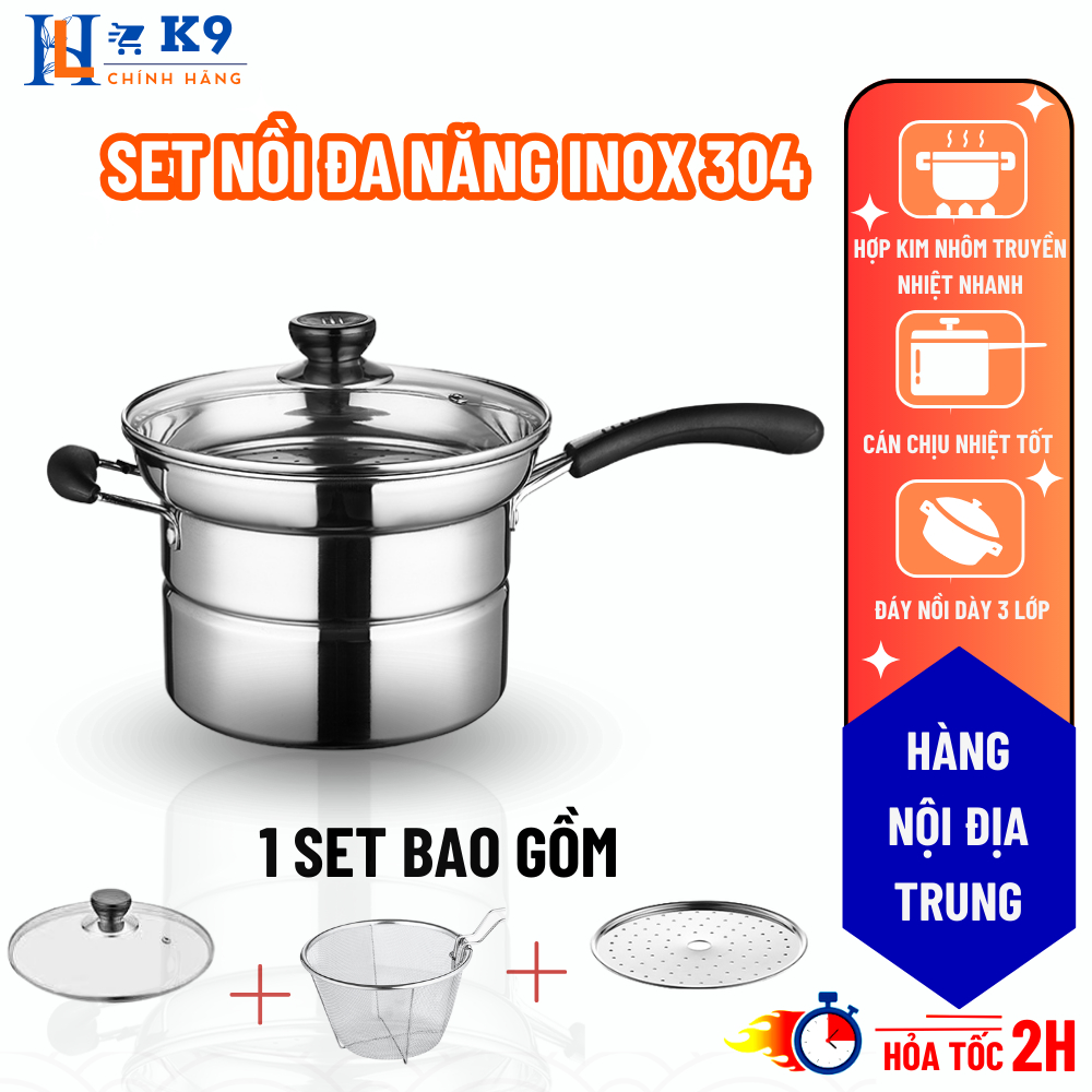 Set Combo Nồi Inox 304 Đa Năng Nồi Chiên Ngập Dầu Kết Hợp Hấp Đa Năng Có Xửng Hấp Và Giá Lọc Đi Kèm Dễ Dàng Sử Dụng