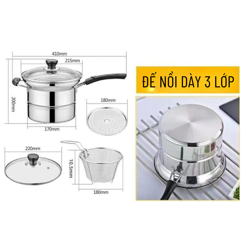 Set Combo Nồi Inox 304 Đa Năng Nồi Chiên Ngập Dầu Kết Hợp Hấp Đa Năng Có Xửng Hấp Và Giá Lọc Đi Kèm Dễ Dàng Sử Dụng