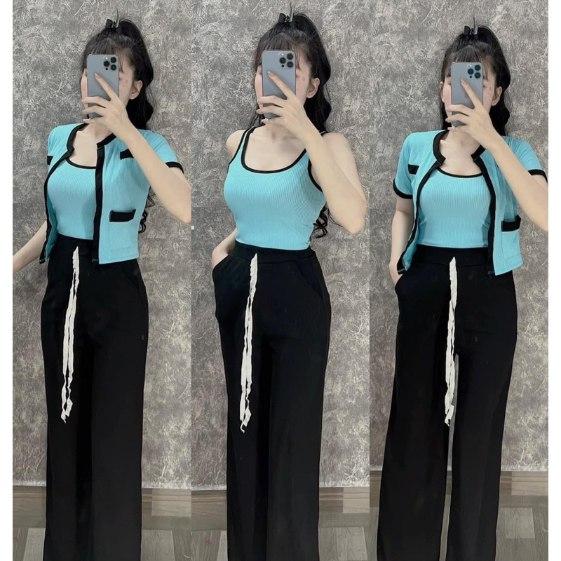 Set 3 món thun gân gồm áo 2 dây + quần suông + khoác