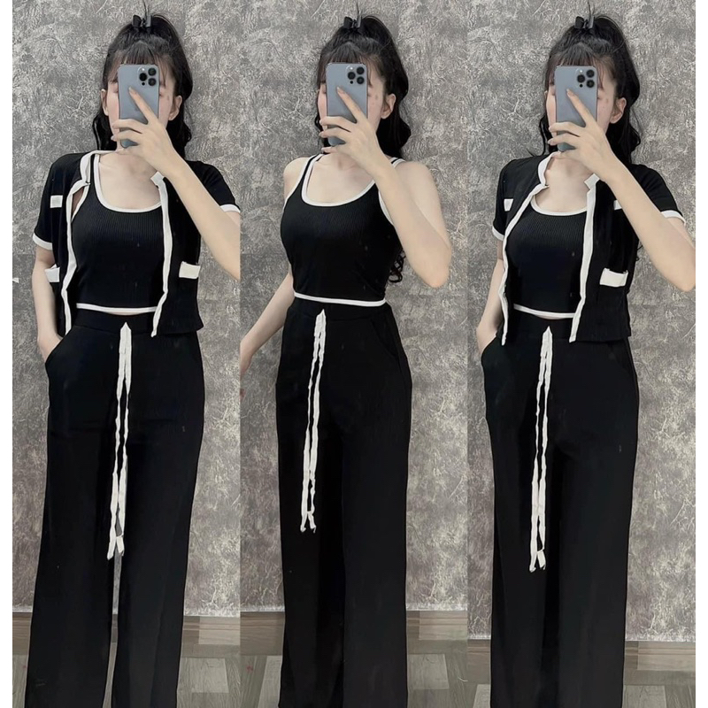 Set 3 món thun gân gồm áo 2 dây + quần suông + khoác