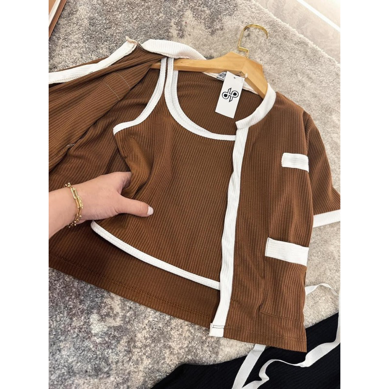 Set 3 món thun gân gồm áo 2 dây + quần suông + khoác