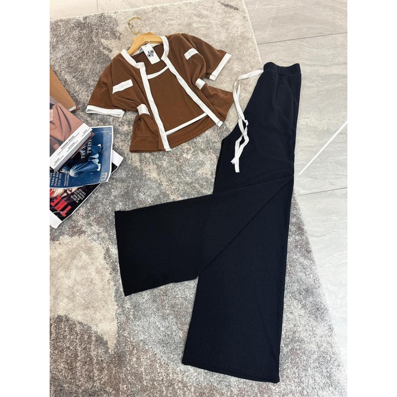 Set 3 món thun gân gồm áo 2 dây + quần suông + khoác