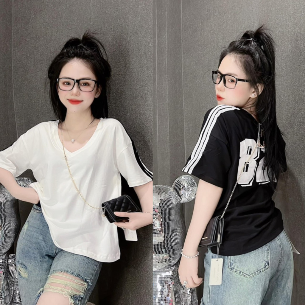 Áo thun cotton Thái dáng vừa phối sọc tay chữ sau